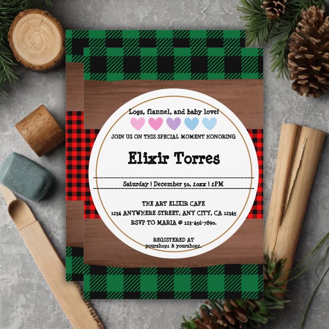 Logs flannel Rustic Kariert Hearts Baby Shower Einladung (Von Creator hochgeladen)