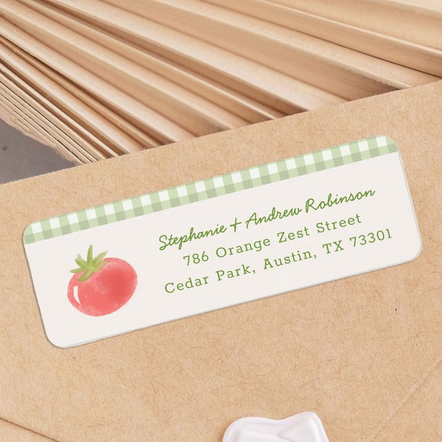 Lokal angebaute Adresse vom Bauernmarkt (watercolour tomato return address labels with gingham pattern detail)