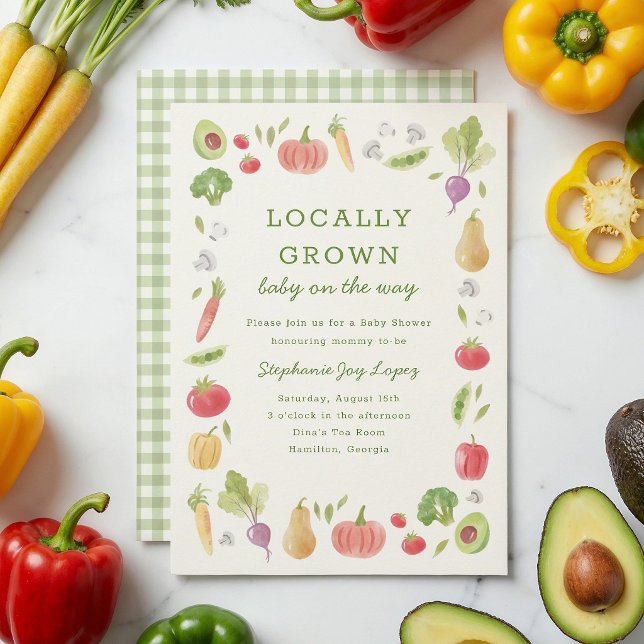 Lokal angebaute Gemüsemärkte Babyparty Einladung (Locally Grown baby shower invitation with hand-drawn watercolour vegetables)