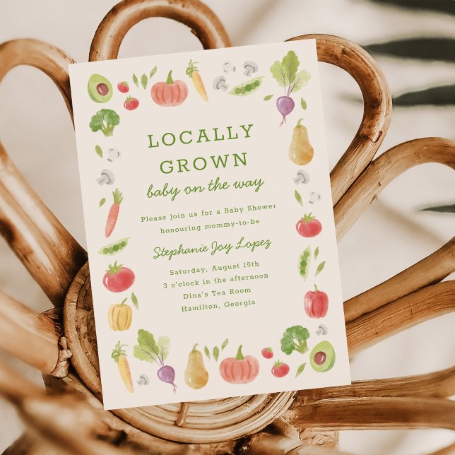 Lokal angebaute Gemüsemärkte Babyparty Einladung (Locally Grown baby shower invitation with hand-drawn watercolour vegetables)