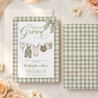 Lokal angebaute Gingham-Wäscheleine-Baby-Party-Ein Einladung