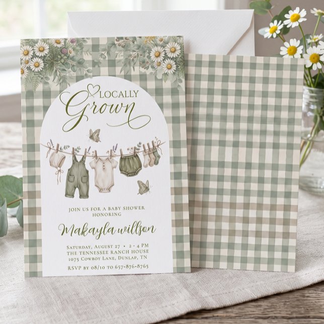 Lokal angebaute Salbeigrüne Gingham-Farm-Baby-Part Einladung (Von Creator hochgeladen)