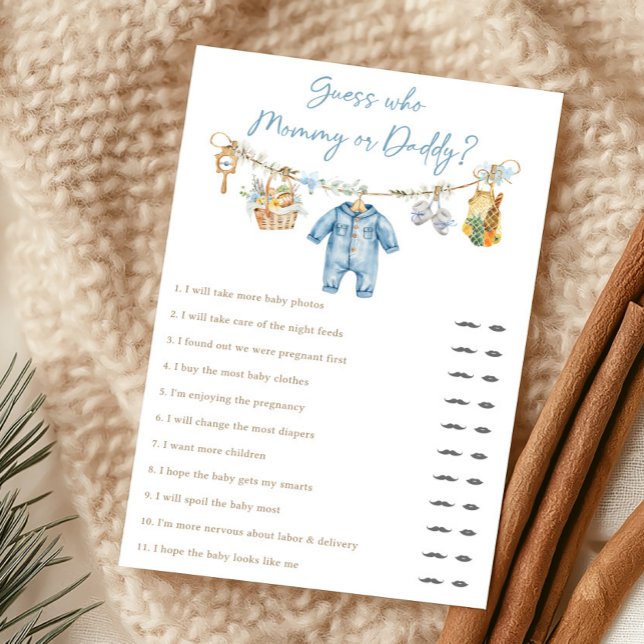 Lokal angezogener Junge - Errate-wer-Mama-oder-Pap (Blue Locally Grown Baby Shower Guess Who Mommy or Daddy Game)