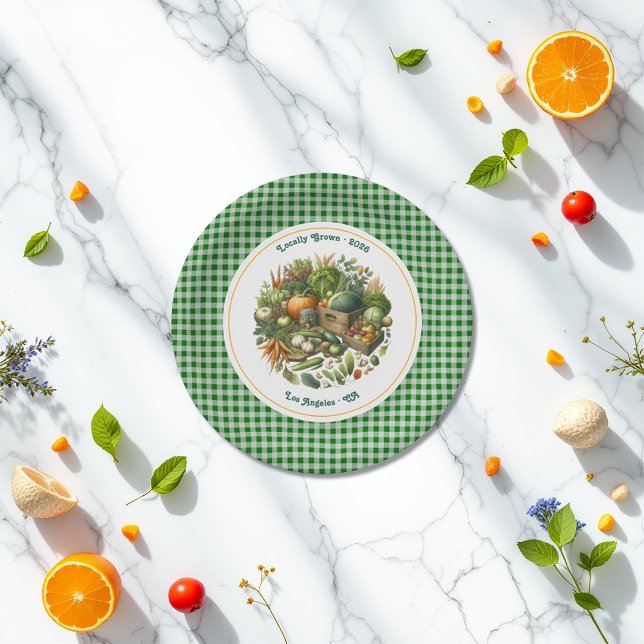 Lokal gezüchtet - Gingham Market Harvest Geburtsta Pappteller (Locally Grown - Gingham Market Harvest Birthday Paper Plates)