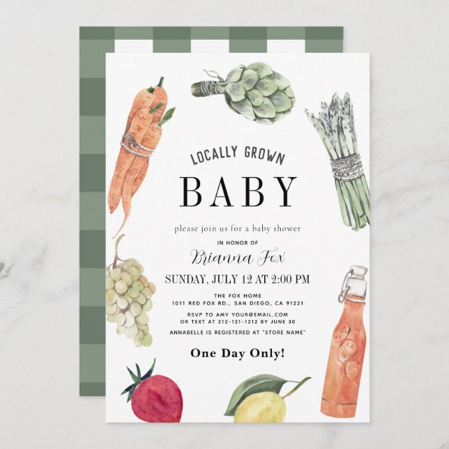 Lokal gezüchtete Baby Bauern Market Baby Shower Einladung (Vorne/Hinten)