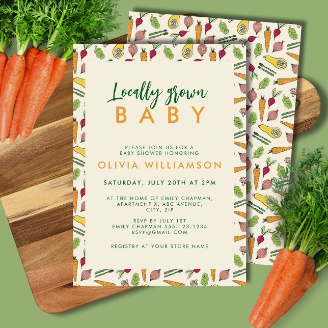 Lokal gezüchtete Bauern Market Baby Shower Einladung (Locally grown baby shower invitation for gender neutral farmers market vegetable theme.)