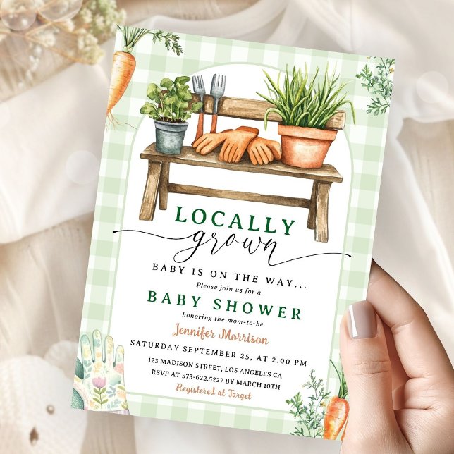 Lokal gezüchtete Bauern Market Baby Shower Gingham Einladung (Von Creator hochgeladen)