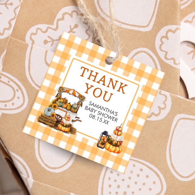 Lokal gezüchteter Pumpkin Baby Shower Square Geschenkanhänger (Fall Pumpkin Baby Shower Favor Tags)