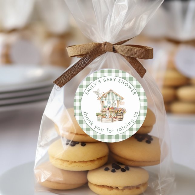 Lokal Grown Sage Gingham Danke Baby Shower Runder Aufkleber (Von Creator hochgeladen)