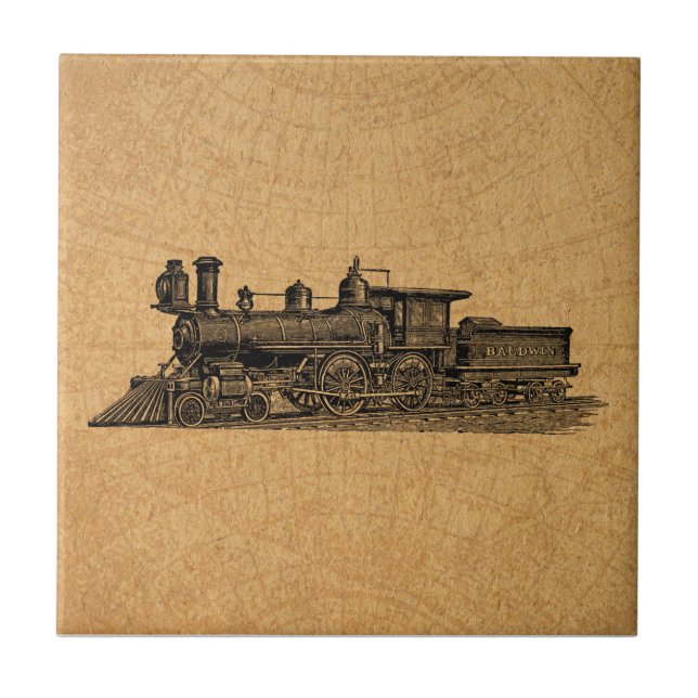 Lokomotivzug Vintag Steam Motor & Map Style Fliese (Vorderseite)