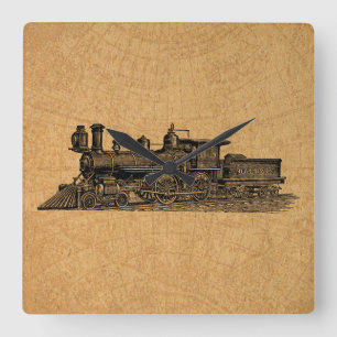 Lokomotivzug Vintager Dampfzug Motor & Kartenstil Quadratische Wanduhr