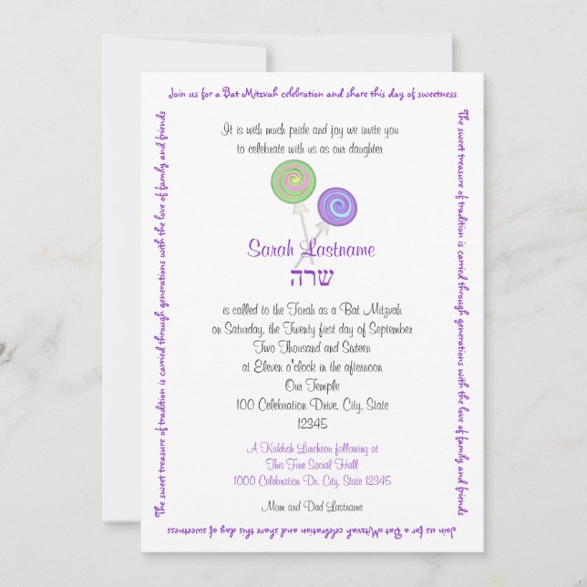 Lollipop Candy Bat Mitzvah Lavender Einladung (Vorderseite)