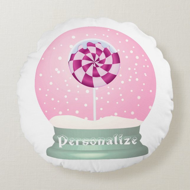 Lollipop-Schneekugel niedliche Rosa Girl Winter Rundes Kissen (Vorderseite)