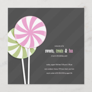 Lollipops-Party Einladungen mit rosa und grünem Sw