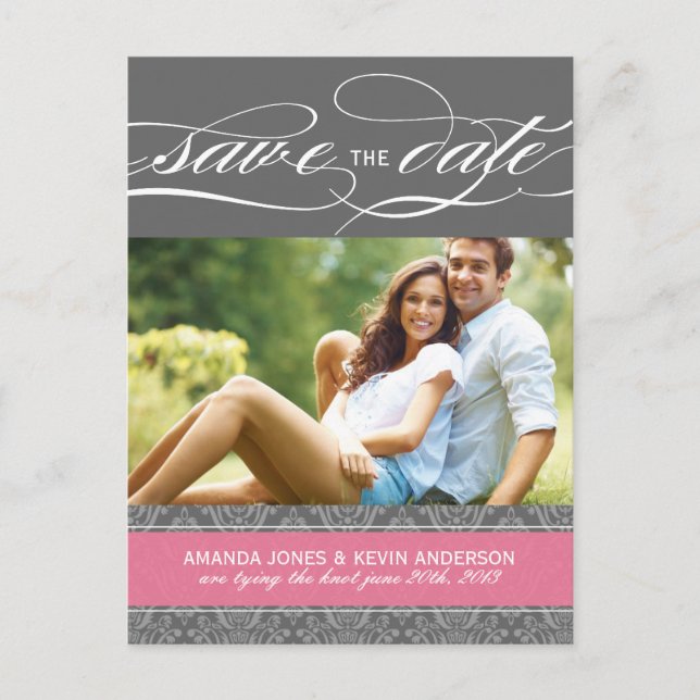 Lolly Pink und Gray Damask Save the Date Ankündigungspostkarte (Vorderseite)