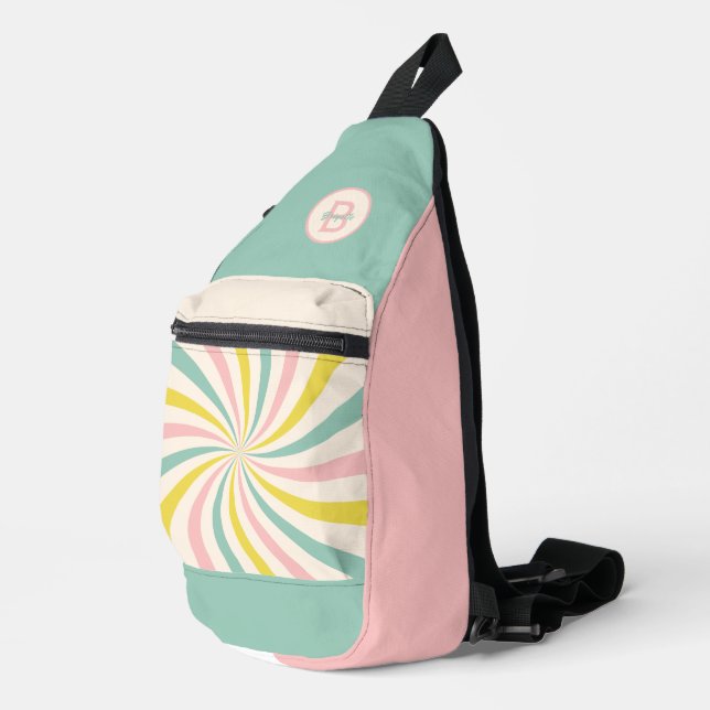 'Lollypop Vibes', Retro-Pastellwirbel Crossbody Bag (Rechte Ecke)