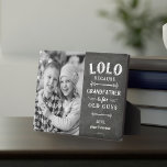 Lolo Großvater Vatertag Kinder Foto Fotoplatte<br><div class="desc">Großvater ist für alte Männer, also ist er stattdessen Lolo! Diese phantastische Zitat-Foto-Plakette ist perfekt für Vatertag, Geburtstag, oder um zu feiern, ein neuer Großvater oder Großvater zu sein, wer Lieben zum Golfspielen. Design zeigt das Sprichwort "Lolo, denn Großvater ist für alte Typ" in weißer Schrift auf einem Kalkbrett Hintergrund,...</div>