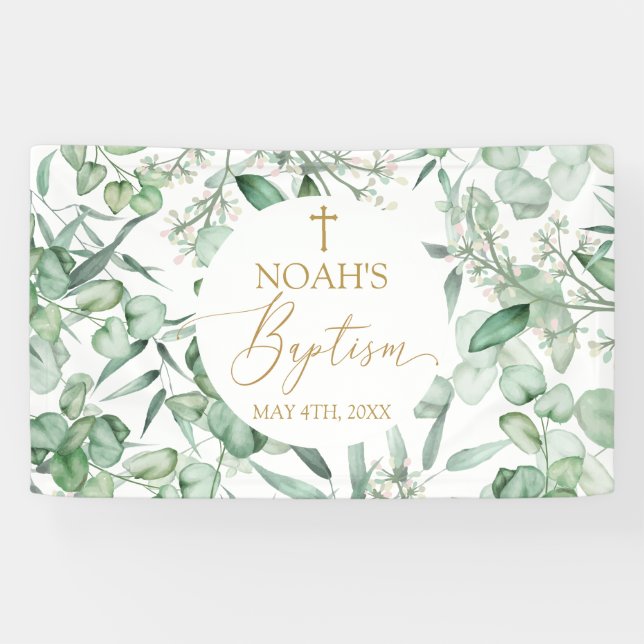 Lona Baptism Eucalyptus leaves greenery Banner (Horizontal)