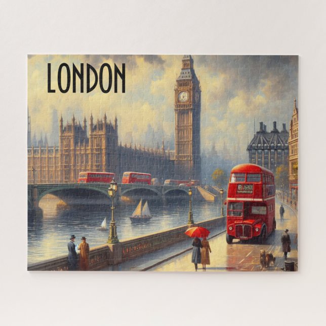 London an einem Rainy Day Red Bus Westminster Puzzle (Horizontal)