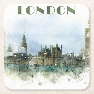 London Aqucolor Illustration Rechteckiger Pappuntersetzer