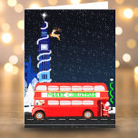 London Big Ben Double Decker Bus Frohe Weihnachten Karte<br><div class="desc">Diese festliche Abbildung zeigt den Big Ben,  der mit einer Schneeflocke geschmückt ist,  einem der Rentiere des Weihnachtsmanns,  der eine Fliege macht,  während der Weihnachtsmann und Rudolph eine Tour in einem roten Doppeldeckerbus machen.</div>