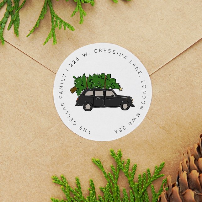 London Black Cab Christmas Tree Taxi Adresse Runder Aufkleber (London Black Cab Christmas Tree Taxi Address Classic Round Sticker)