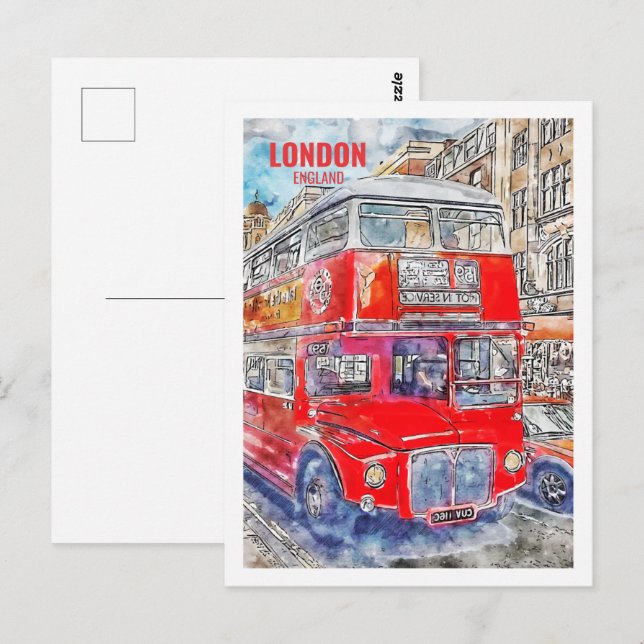 London Bus England Berühmter Platz Watercolor Postkarte (Vorne/Hinten)