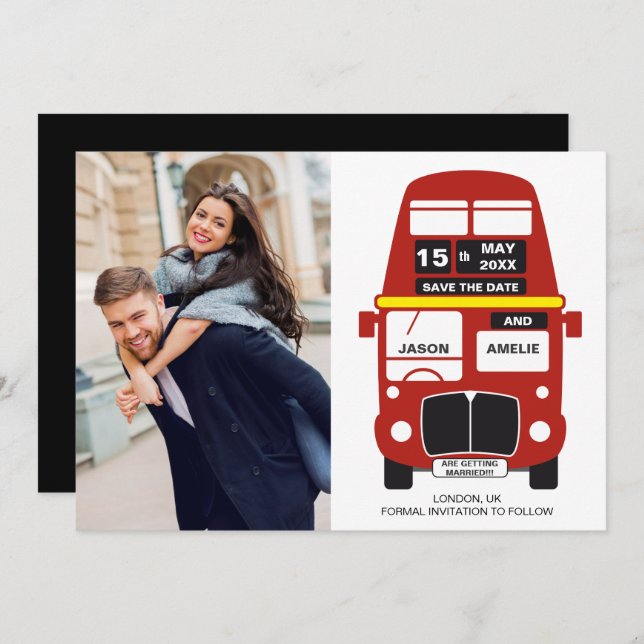 London Bus Save the Date Karte Foto Black (Vorne/Hinten)