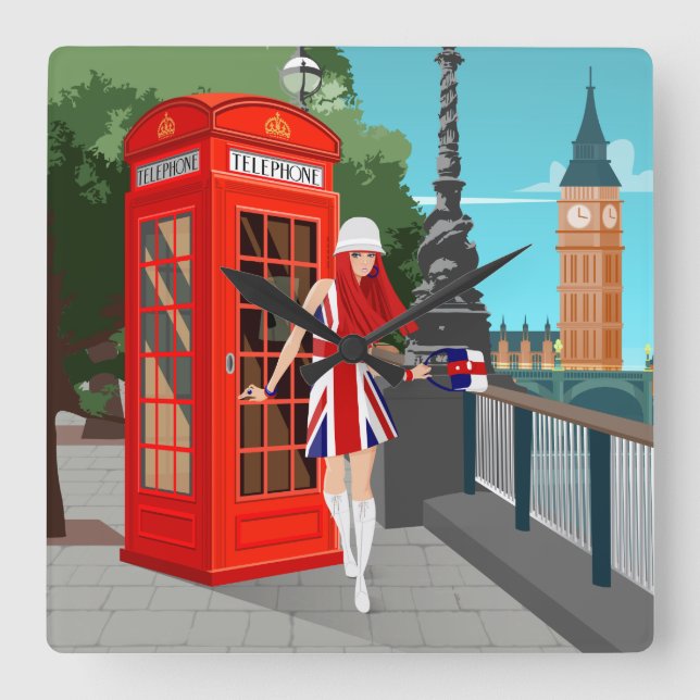 London Calling Quadratische Wanduhr (Vorderseite)