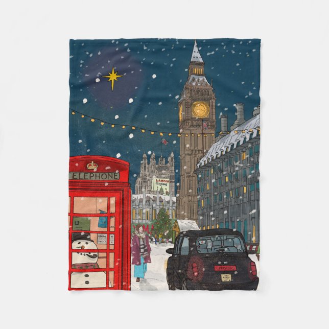 London Christmas Night Cityscape Retro inspiriert Fleecedecke (Vorderseite)