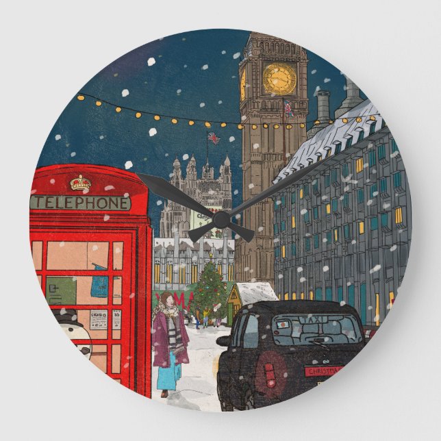 London Christmas Night Cityscape Retro inspiriert Große Wanduhr (Vorderseite)