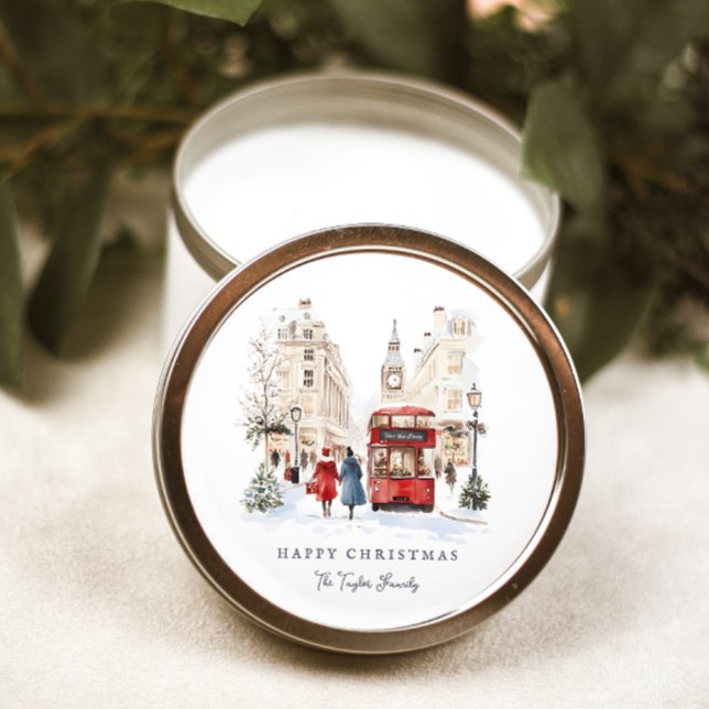 London Christmas Watercolor City Scene Runder Aufkleber (Von Creator hochgeladen)