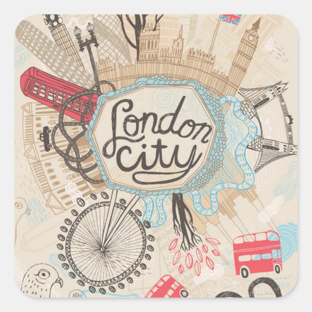 London City Doodle Art Quadratischer Aufkleber (Vorderseite)