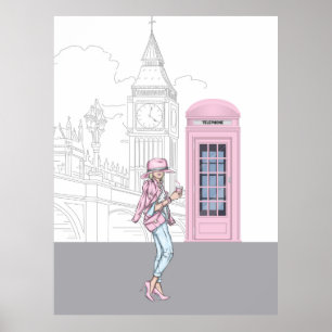 London City Girl mit rosa Telefonzelle Canvas Prin Poster