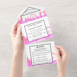 London City UAWG Watercolor Pink Moderne Hochzeit All In One Einladung