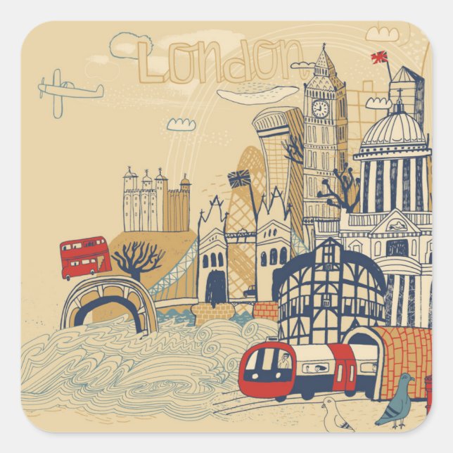 London Doodle Scene Quadratischer Aufkleber (Vorderseite)