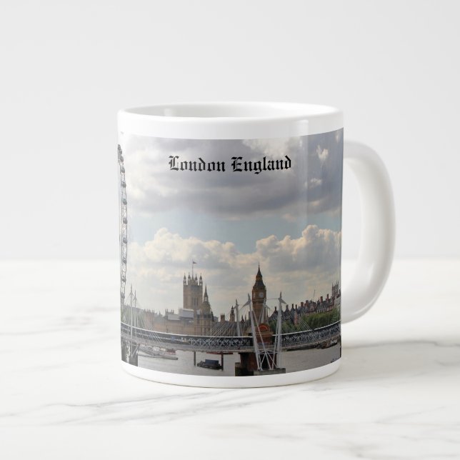 London England Skyline, Big Ben, London Eye, Thems Jumbo-Tasse (Vorderseite Rechts)