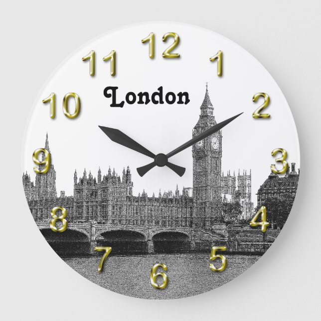 London England Skyline Etched Große Wanduhr (Vorderseite)