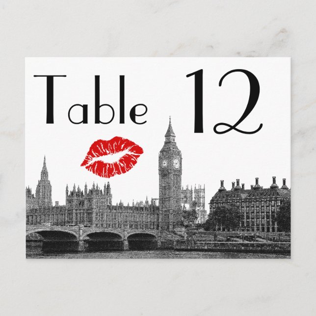 London England Skyline Kiss BW Tischnummer Card (Vorderseite)