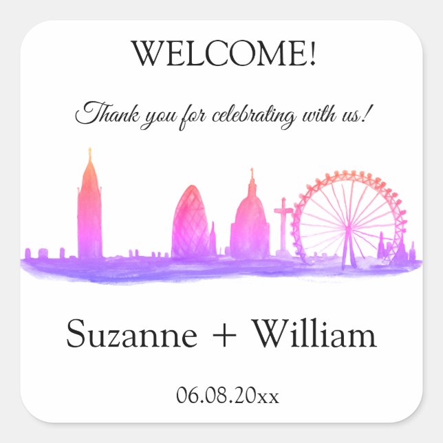 London England Skyline Pink Favorites Hochzeiten Quadratischer Aufkleber (Vorderseite)