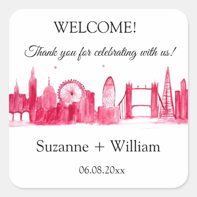 London England Skyline Pink Favorites Hochzeiten Quadratischer Aufkleber (Vorderseite)