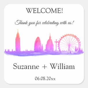 London England Skyline Pink Favors Hochzeiten Quadratischer Aufkleber