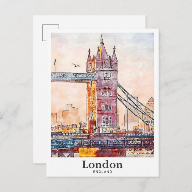 London England Travel Watercolor Hand Drawn Postkarte (Vorne/Hinten)