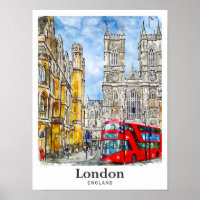 London England UK Travel Watercolor Hand Drawn