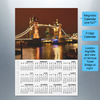 London Fridge Calendar 2026, Tower Bridge at Night Magnetkarte