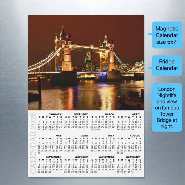 London Fridge Calendar 2026, Tower Bridge at Night Magnetkarte (London Fridge Calendar 2026 / Tower Bridge at Night)