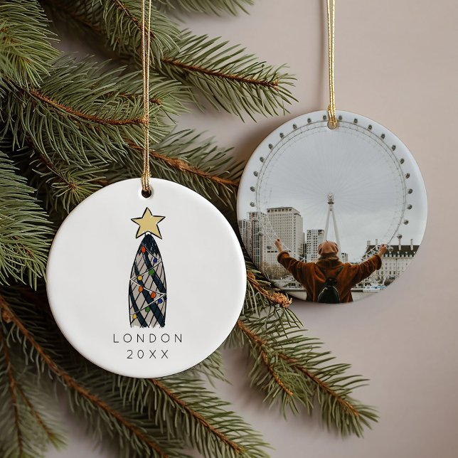 London Gherkin Tower Retro Christmas Tree Foto Keramik Ornament (London Gherkin Tower Retro Christmas Tree Photo Ceramic Ornament)