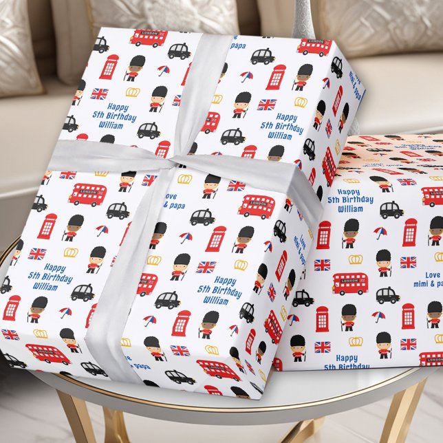 London Guards Bus Name Boy Birthday Geschenkpapier (London Guards Bus Name Boy Birthday Wrapping Paper)