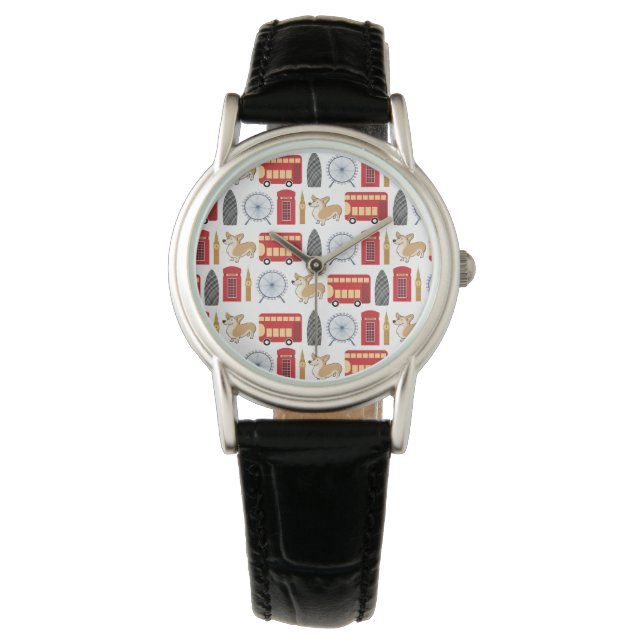 London Icon und Corgi Collage Pattern Armbanduhr (Vorderseite)