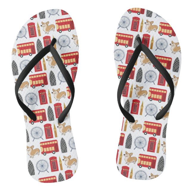 London Icon und Sehenswürdigkeiten Muster Flip Flops (Fußbett)